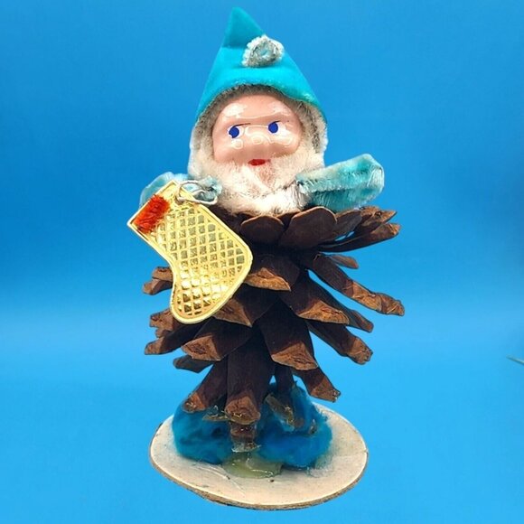 Vintage 1960s Pinecone Elf Ornament Blue Flocked Hat Chenille Arms Foil Stocking - Picture 2 of 9